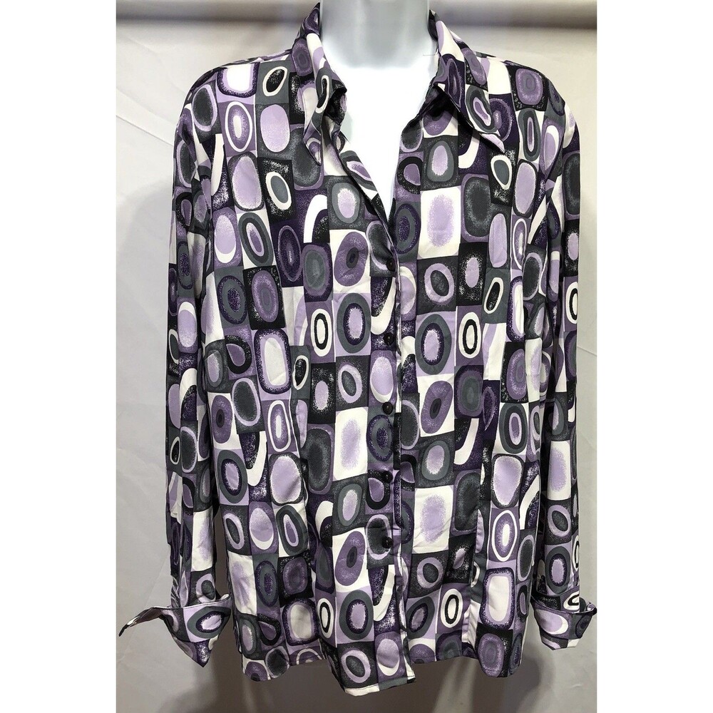 Vintage DressBarn button up top L/XL Purple Geo Cuffed long sleeve collar Career